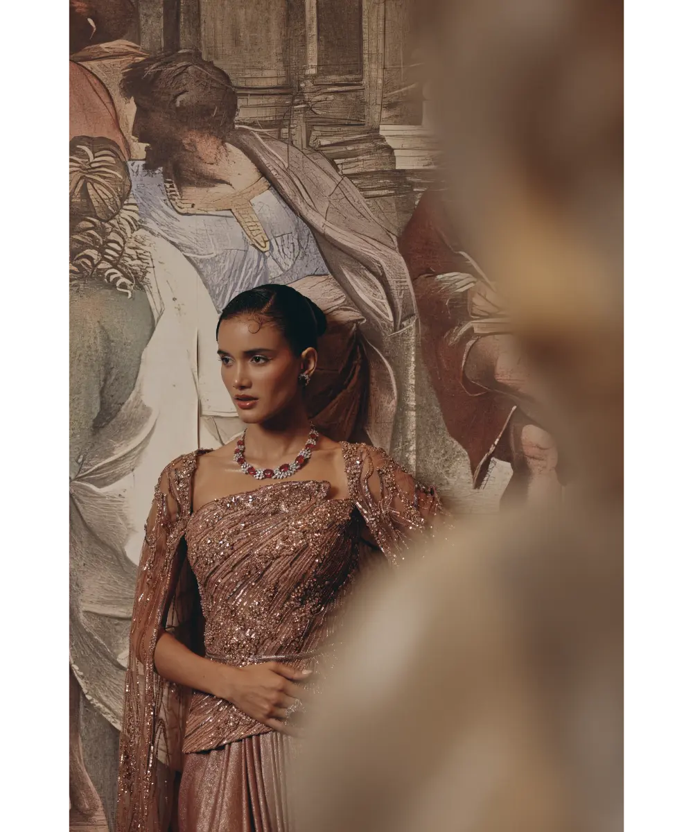 ADAARA COUTURE - Rose Gold Cape Saree